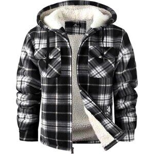 Men Flannel Shirt Jacket Sherpa Lined Plaid Hoodie Winter Warm Full Zip Coat